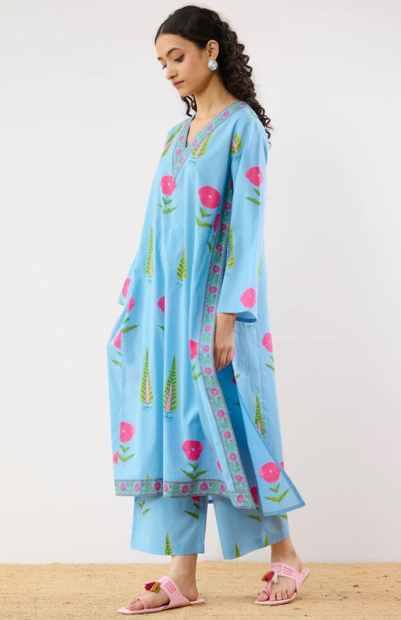 Sky Blue Floral Printed Cotton Kurta Palazzo Set | Embroidered V-Neck Co-ord Set for Women – Breathable Summer Ethnic Wear