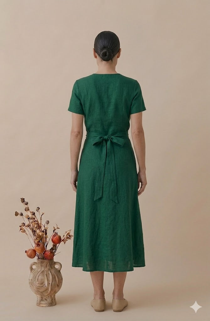 Emerald Green Linen Wrap Midi Dress