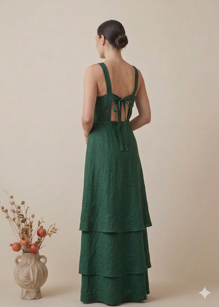 Forest Green Linen Tiered Maxi Dress