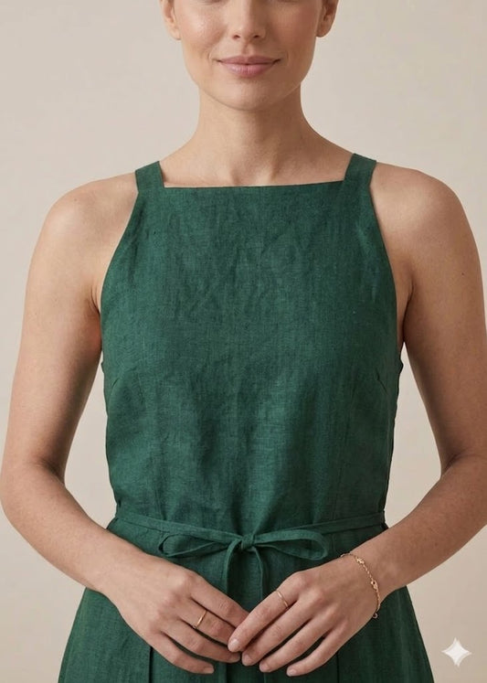 Forest Green Linen Tiered Maxi Dress