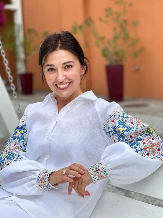 White Linen Patchwork Embroidered Blouse | Boho Multicolour Cross-Stitch Puff Sleeve Shirt | Folk Art Cottagecore Top for Women | Artisan Statement Sleeve