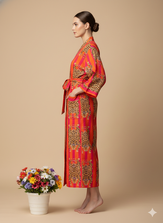 Pikaru Fashion Women's Cotton Tiger Print Kaftan - Midnight Blue Striped Beachwear - Luxury Resort Maxi Dress & Summer Loungewear