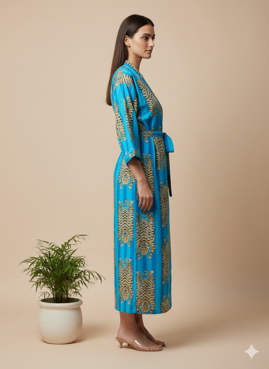 Cotton Tiger Print Kimono Robe - Long Handblock Style Dressing Gown for Women - Unisex Summer Loungewear & Beach Cover-up