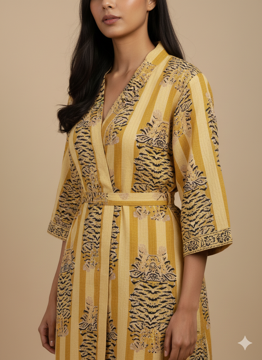 Artisan Hand-Block Printed Cotton Kimono Robe - Premium 100% Cotton Long Dressing Gown - Versatile Summer Loungewear & Beach Cover-Up