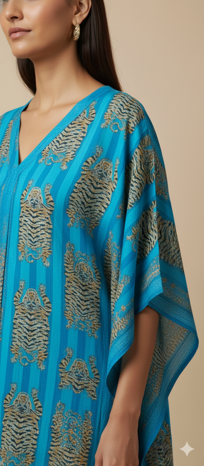 Pikaru Fashion Azure Blue Tiger Print Cotton Kaftan - Tropical Teal Striped Loungewear - Luxury Cotton Resort Dress & Beach Cover-Up