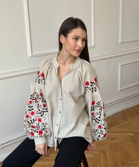 Natural Linen Floral Embroidered Cotton Blouse | Boho Red & Black Botanical Puff Sleeve Top | Folk Art Button-Up Shirt for Women | Cottagecore Style