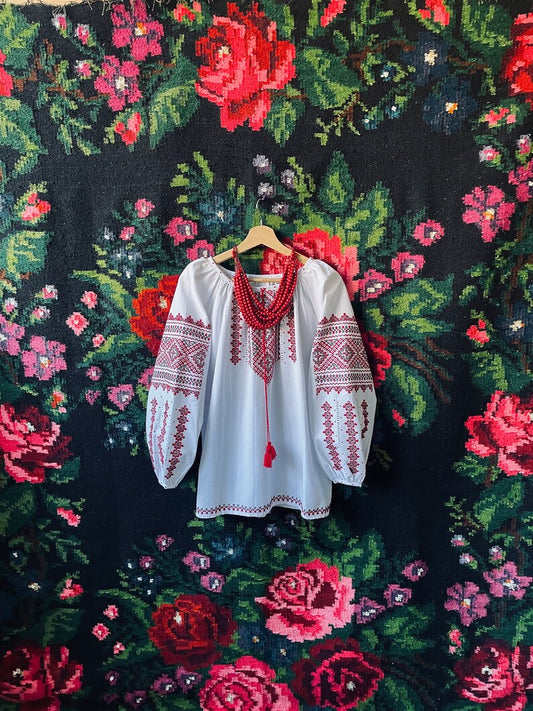 White Hand-Embroidered Cotton Vyshyvanka Blouse – Traditional Red & Black Folk Tunic Top with Puffed Sleeves