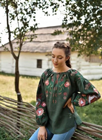 Hand-Embroidered Green Floral Bird Cotton Tunic Top – Puff Sleeve Boho Top
