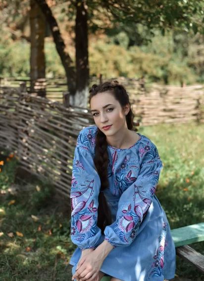 Sky Blue Hand-Embroidered Floral Cotton Midi Dress for Women – Boho Folk Puff Sleeve Tassel Belt Dress