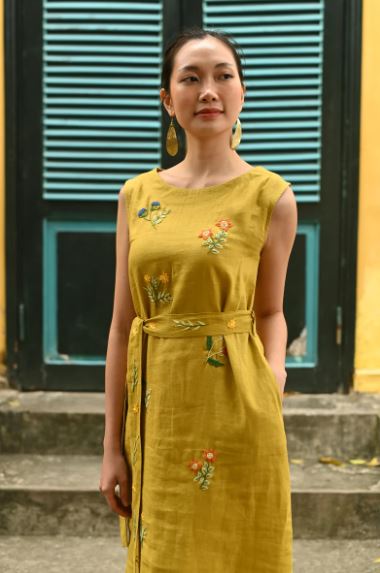 Mustard Yellow Sleeveless Hand-Embroidered Cotton Midi Dress – Floral Embroidery with Matching Tie Belt | Boho Ethnic Summer Dress for Women