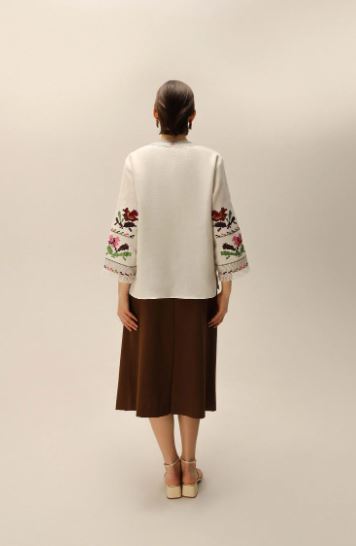 Hand-Embroidered Floral Cotton Tunic Top – Colorful Fringe Sleeve Boho Top with Tassels