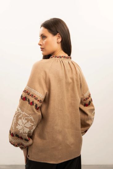 Pikaru Artisan Embroidered Cotton Boho Blouse – Earthy Beige Tassel Top with Bishop Sleeves