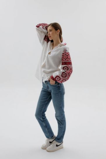 White Ukrainian Vyshyvanka Blouse | Red Geometric Cross-Stitch Embroidered Cotton Shirt | Boho Folk Art Top for Women | Ethnic Puff Sleeve