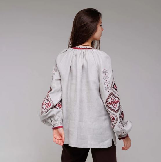 Hand-Embroidered Gray Folk Cotton Tunic Top – Red Geometric Puff Sleeve Boho Top