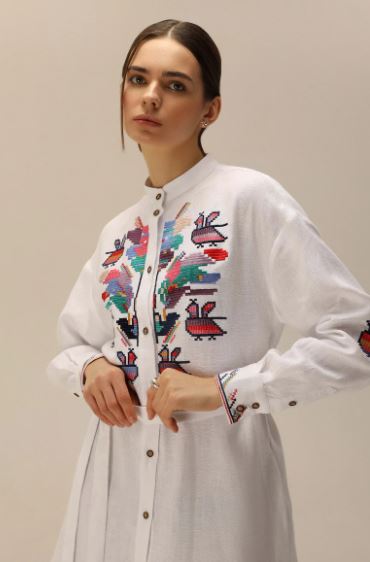 White Multicolor Folk Bird Embroidered Cotton Button-Up Shirt Dress – Boho Tie-Waist Long Sleeve Midi Dress for Women