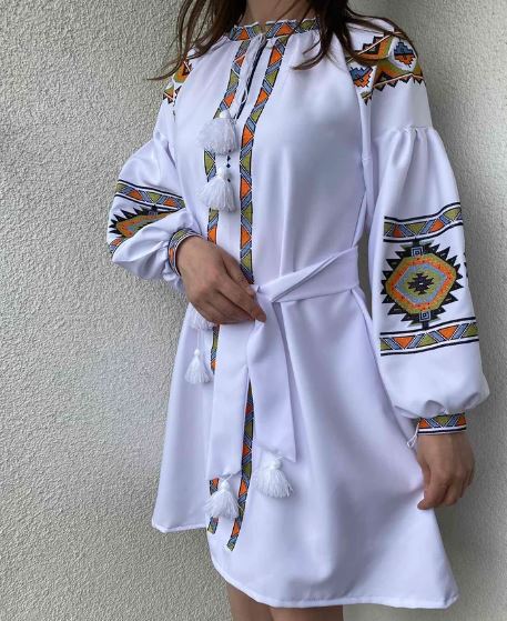 White Hand-Embroidered Geometric Cotton Mini Dress for Women – Boho Folk Tassel Puff Sleeve Vyshyvanka Style