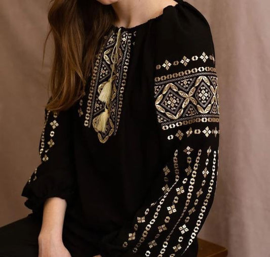 Hand-Embroidered Black Geometric Cotton Blouse – Gold Folk Puff Sleeve Boho Top with Tassels