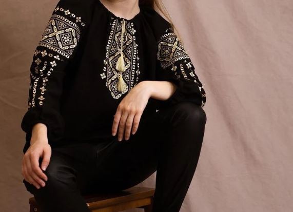 Hand-Embroidered Black Geometric Cotton Blouse – Gold Folk Puff Sleeve Boho Top with Tassels