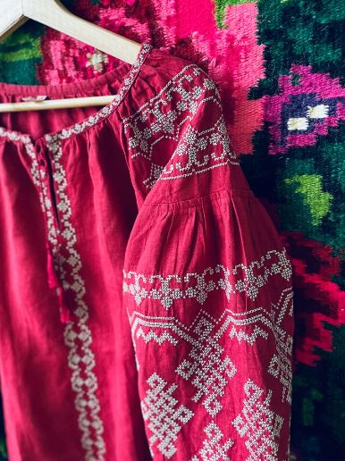 Hand-Embroidered Red Folk Cotton Blouse – Puff Sleeve Boho Top with Waist Tie & Tassel