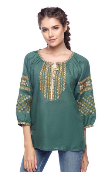 Forest Green Embroidered Cotton Blouse | Boho Tassel Tie Peasant Top | Folk Art Cross-Stitch Tunic for Women | Vyshyvanka Inspired Shirt