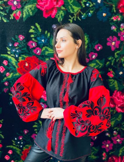 Black & Red Hand-Embroidered Cotton Boho Blouse Top – Traditional Folk Tunic Top with Puffed Sleeves