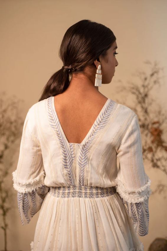 White Blue Embroidered Boho Tassel Tie Mini Dress – Cotton Vacation Chic