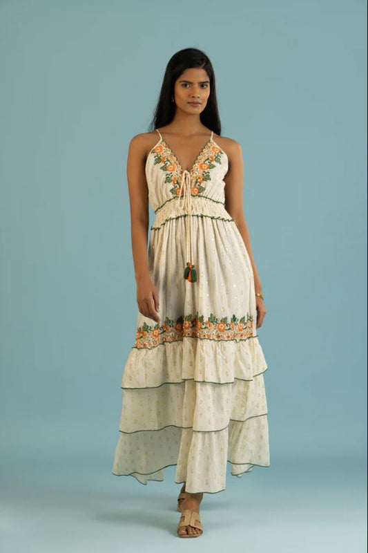 Ivory Embroidered Floral Boho Maxi Dress – Tassel Tie Cotton Vacation