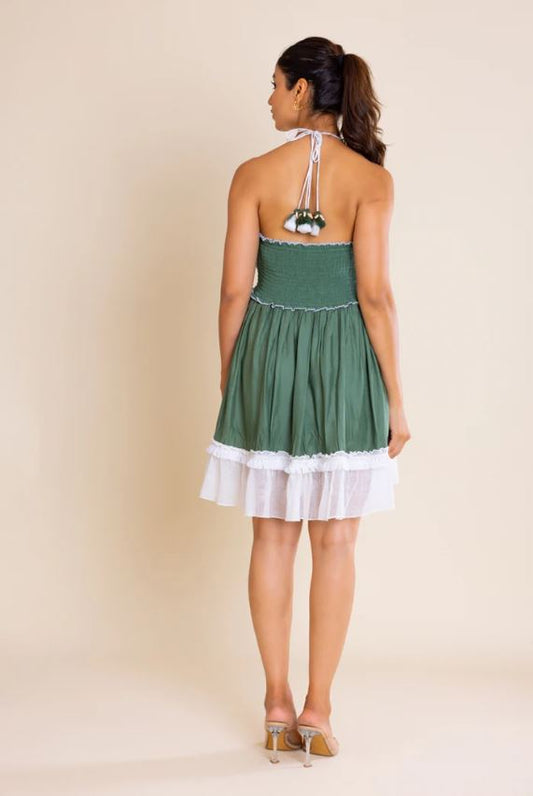 Green Floral Halter Neck Smocked Boho Cotton Mini Dress – Vacation Chic