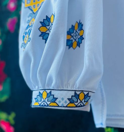 White Hand-Embroidered Ukrainian Vyshyvanka Blouse – Blue & Yellow Folk Tunic Top with Tryzub & Puffed Sleeves
