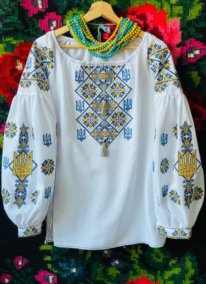 White Hand-Embroidered Ukrainian Vyshyvanka Blouse – Blue & Yellow Folk Tunic Top with Tryzub & Puffed Sleeves