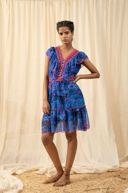 Vibrant Blue Abstract Boho Ruffle Mini Dress – Embroidered Cotton Vacation