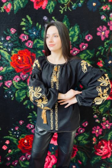 Hand-Embroidered Black Gold Floral Cotton Blouse Top – Puff Sleeve Boho Folk Top with Tassels