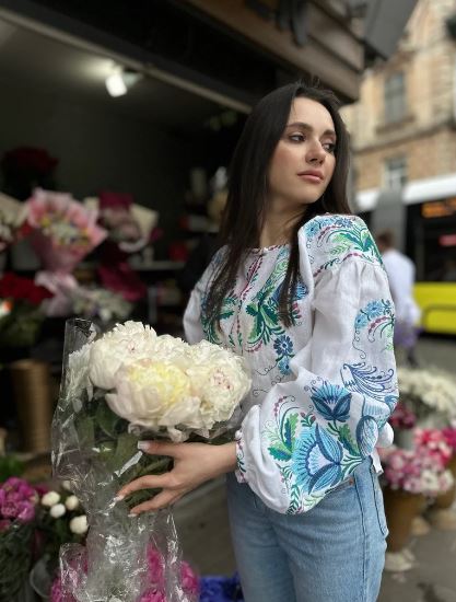 Hand-Embroidered Linen Cotton Boho Blouse Top – White Floral Folk Tunic Top with Blue & Green Embroidery