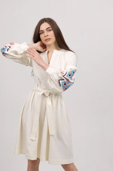 Hand-Embroidered Geometric Cotton Dress for Women – Boho Ethnic V-Neck Belted Midi Dress with Tribal Sleeve Embroidery