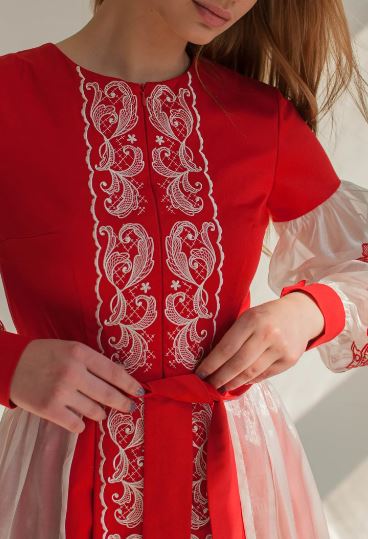 Red Hand-Embroidered Cotton Maxi Dress for Women – Folk White Lace Puff Sleeve Boho Vyshyvanka Style