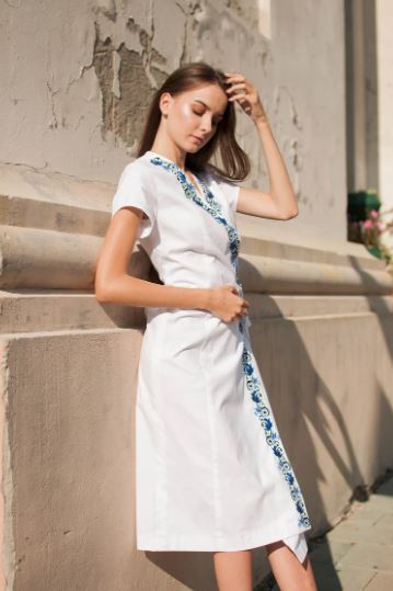 White Blue Embroidered Cotton Wrap Midi Dress – Folk V-Neck Tie-Waist Summer Dress for Women