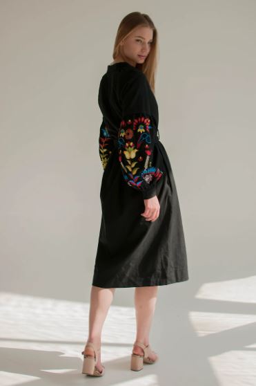 Black Hand-Embroidered Cotton Midi Dress for Women – Boho Floral Puff Sleeve Belted Dress