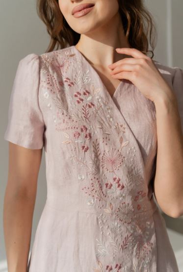 Blush Pink Hand-Embroidered Cotton Wrap Midi Dress for Women – Floral Puff Sleeve Cottagecore Dress