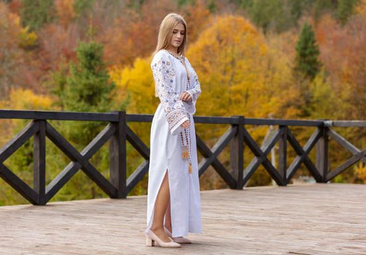 White Hand-Embroidered Cotton Maxi Dress for Women – Boho Folk Tassel Sleeve Vyshyvanka Style