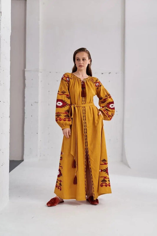 Mustard Yellow Hand-Embroidered Cotton Maxi Dress for Women – Boho Folk Geometric Tassel Belted Dress