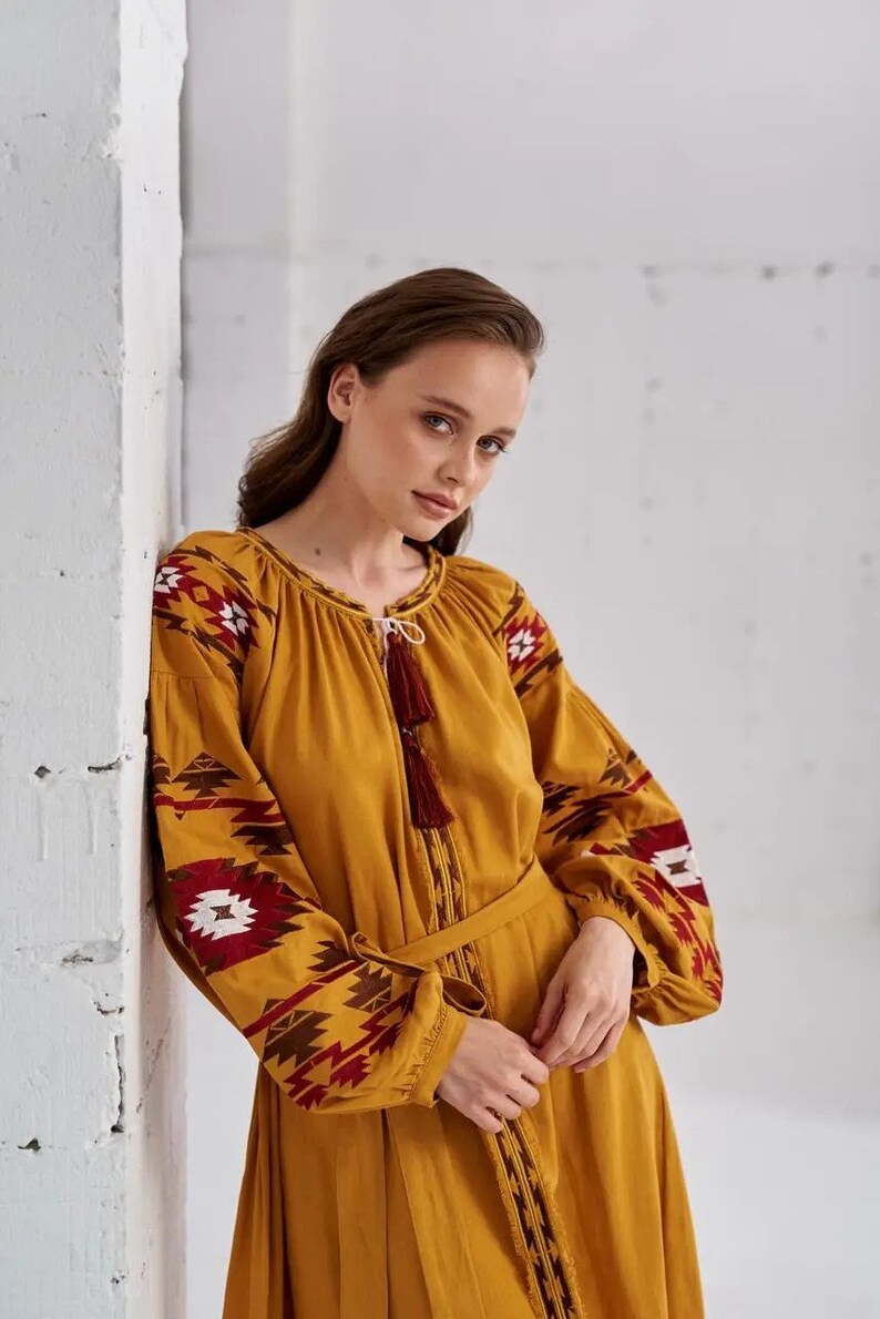 Mustard Yellow Hand-Embroidered Cotton Maxi Dress for Women – Boho Folk Geometric Tassel Belted Dress