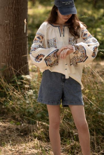 Hand-Embroidered Cream Folk Cotton Tops Blouse – Geometric Puff Sleeve Boho Top with Tassels