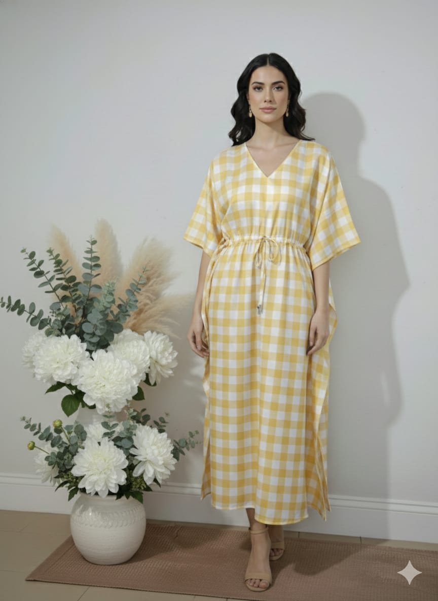 Yellow Gingham Cotton Kaftan Dress – V-Neck Kimono Sleeve Midi Dress with Drawstring Waist