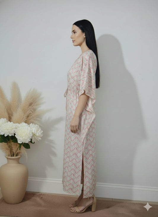 Cream Multicolour Chevron Print Cotton Kaftan Dress – V-Neck Kimono Sleeve Midi Dress with Drawstring Waist