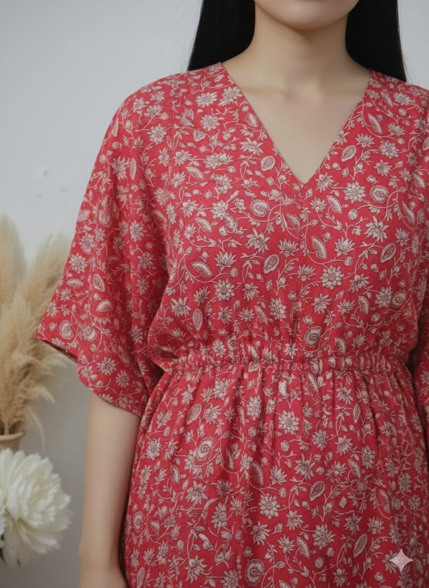 Red Floral Printed Cotton Kaftan Dress – V-Neck Kimono Sleeve Midi Dress with Drawstring Waist