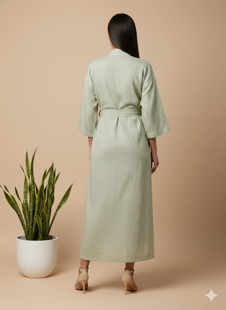 Pikaru Cotton Kimono Robe for Women | Sage Green Striped Wrap Dress | Handcrafted Belted Midi Loungewear | Breathable Everyday Robe