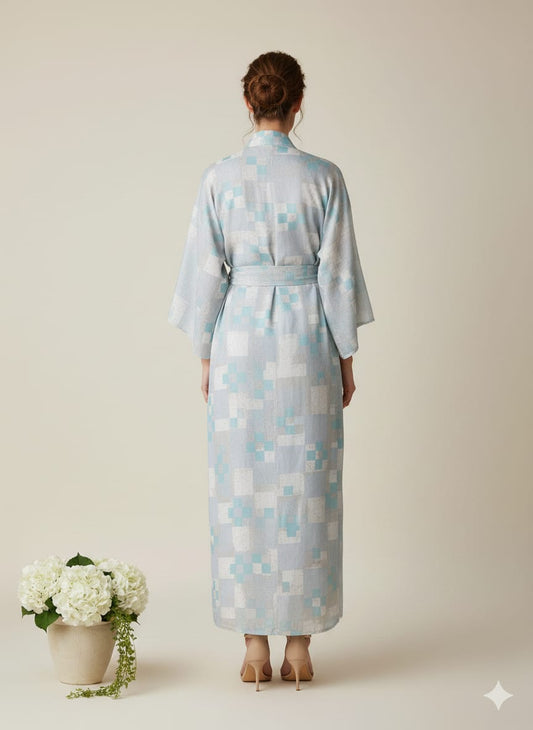 Sky Blue Cotton Kimono Kaftan Dress – Wrap Belted Maxi Lounge & Resort Wear for Women