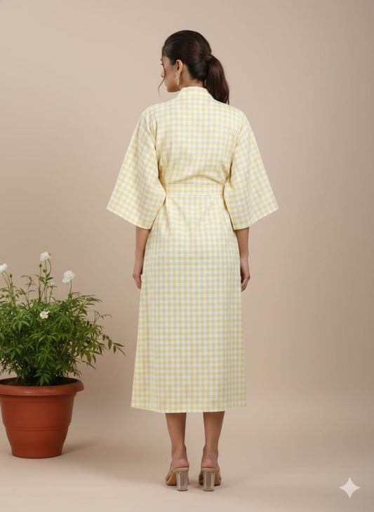 Yellow Gingham Cotton Kimono Kaftan Dress – Wrap Style Belted Midi Lounge & Summer Dress for Women
