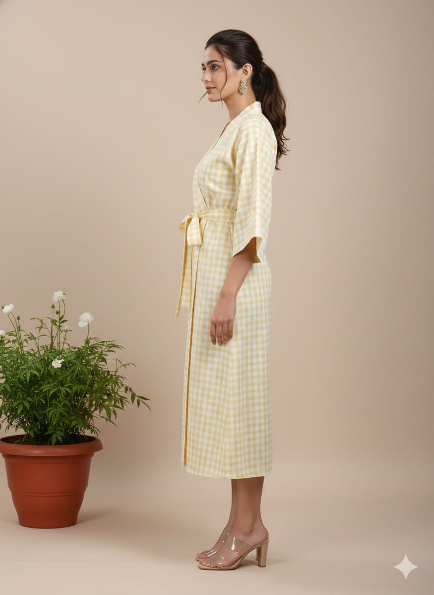 Yellow Gingham Cotton Kimono Kaftan Dress – Wrap Style Belted Midi Lounge & Summer Dress for Women