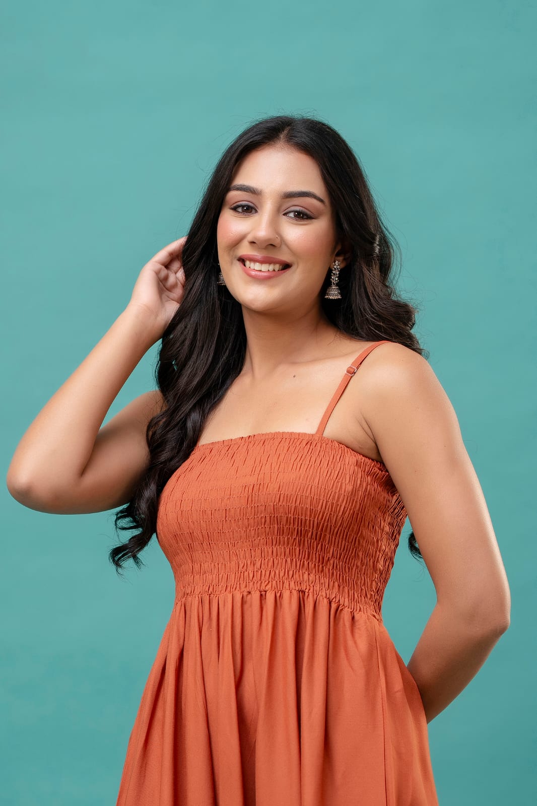 Women's Orange Cotton Sleeveless Midi Dress